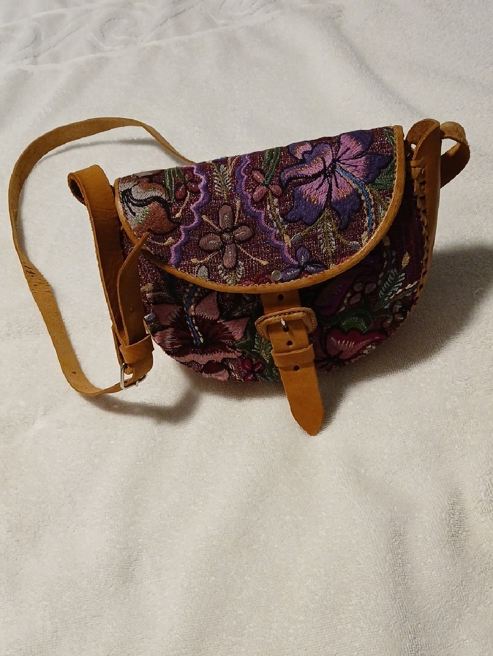 Floral Embroidered Crossbody Bag with Tan Leather Trim